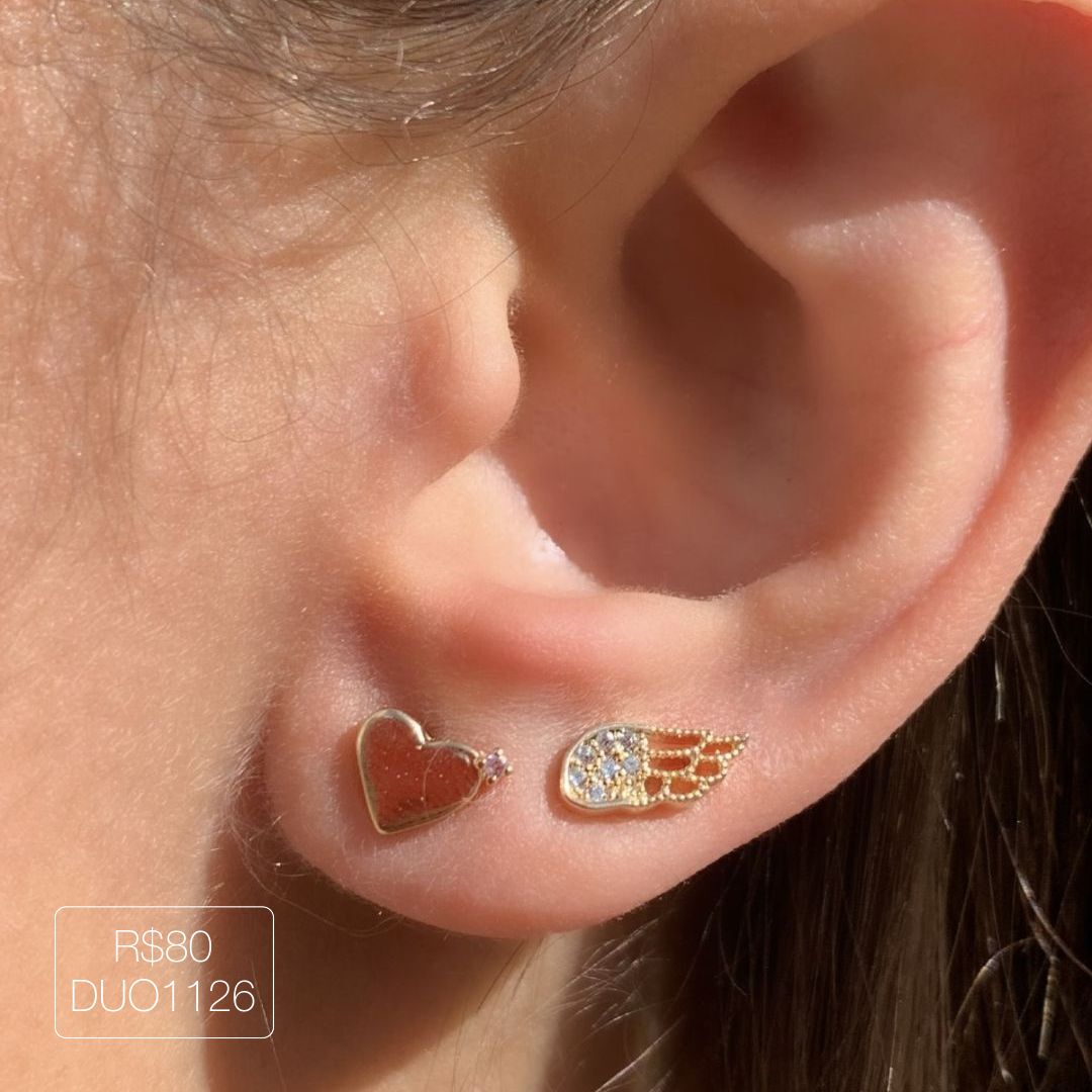 Duo Coração c/ 1 Zirc Rosa + Asa Cristal Dourada